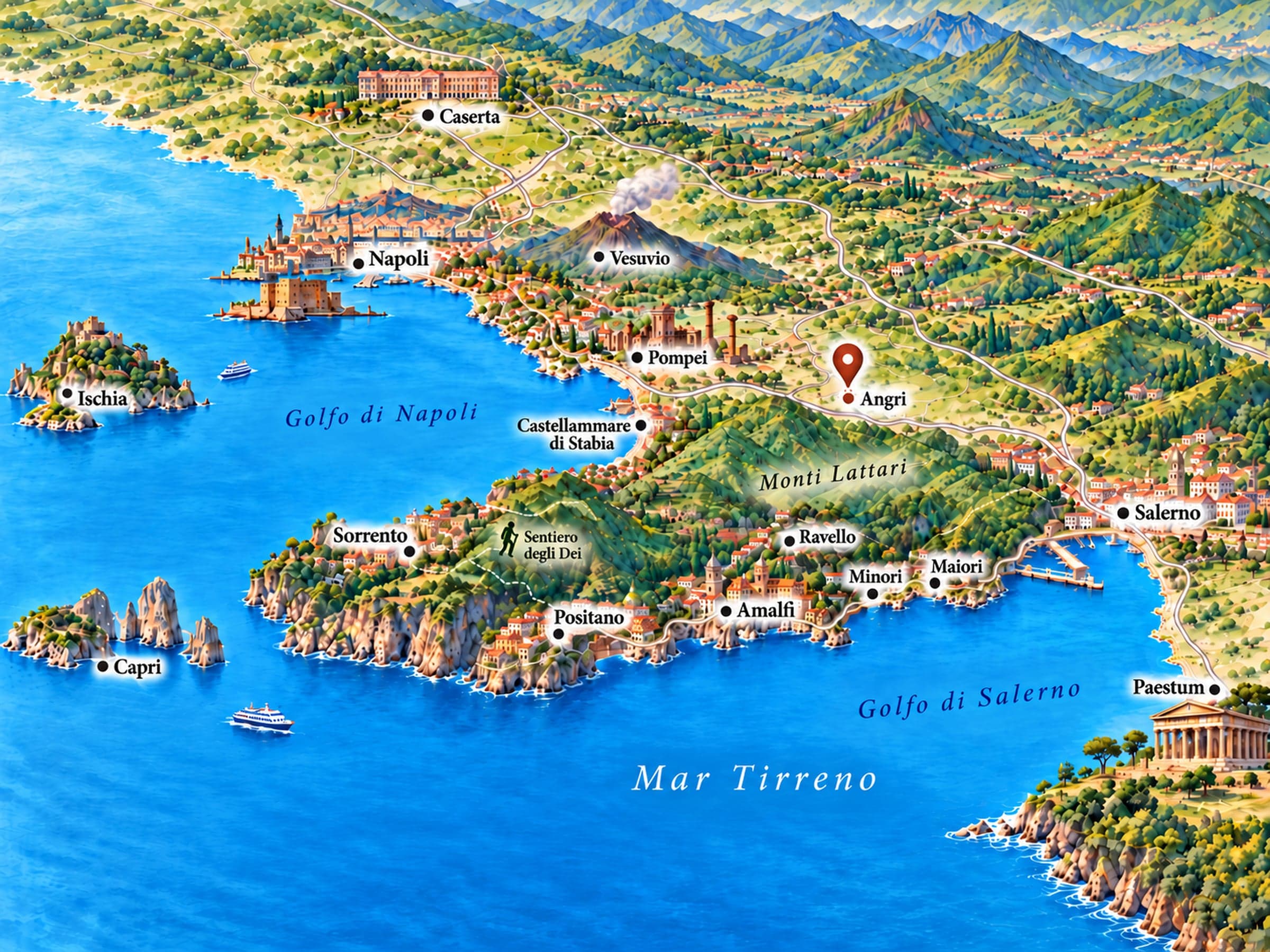 Mappa illustrata ad acquerello del Golfo di Napoli e della Costiera Amalfitana, con Villa Antè ad Angri tra Pompei, il Vesuvio, Napoli, Sorrento, Amalfi e Salerno